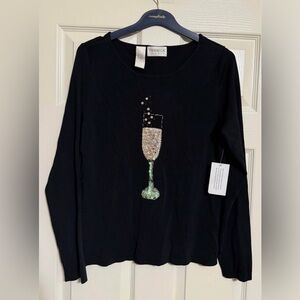 NWT! Black Long Sleeve Top with Sequin Champagne Glass